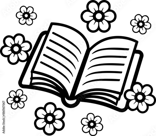 SVG vector illustration of flower clipart with a book.Open Book with Flower and Bunny Elements Design