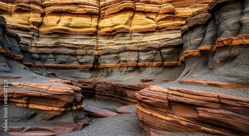 Vibrant layered rock formation landscape.