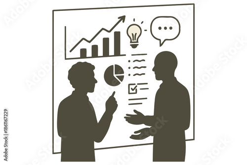 silhouetted figures discussing business growth and ideas on whiteboard