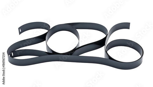 Dark gray ribbon forming the year 2026 against a black backdrop