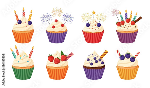 Bright birthday cupcake vector illustration set with berries and sparkler candles isolated on white background