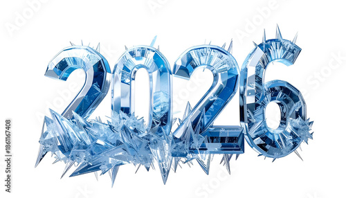 Shiny, icy numbers forming the year 2026, on a solid black background