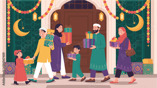 Family celebrates ramadan holiday by exchanging gifts and visiting each other warmly