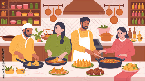 Family preparing food in kitchen for eid al-fitr celebration meal