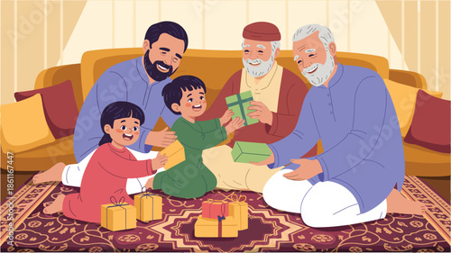 Grandfathers giving gifts to children during family gathering for muslim holiday event
