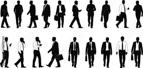 Silhouettes of diverse business professionals walking and standing with briefcases and phones, showcasing corporate attire, teamwork, and workplace culture