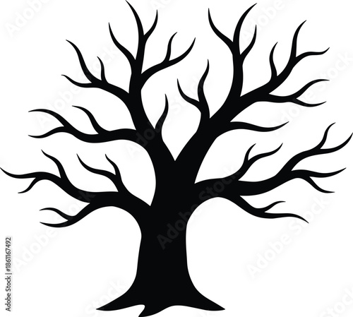 Black, silhouette, of, a, leafless, dead, tree, vector, illustration, isolated, on, white, background, winter, spooky, dry, branch, nature, graphic, icon