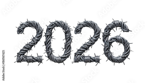 Year 2020 formed by grey barbed wire against black background