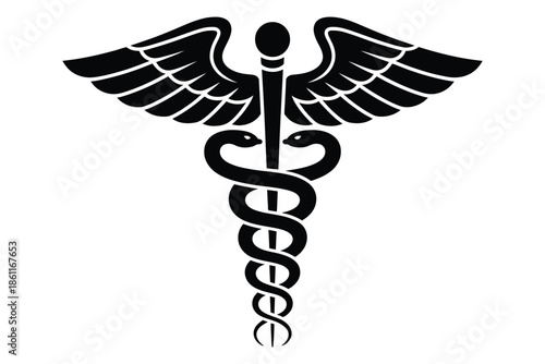 Black caduceus medical symbol with detailed wings and snakes, timeless medicine and healthcare emblem, vector illustration ideal for hospital identity, medical logos, pharmaceutical branding, 