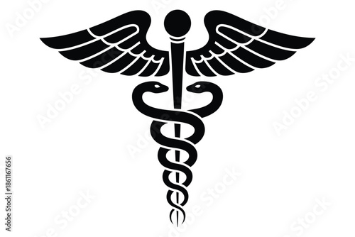 Black caduceus medical symbol featuring wings and twin snakes, traditional healthcare and medicine emblem, clean vector illustration suitable for medical branding, clinic signage, education materials,