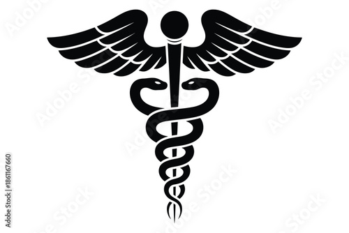 Black caduceus medical symbol with wings and intertwined snakes, classic healthcare emblem vector illustration for medicine, hospital branding, pharmaceutical design, medical logos, and professional