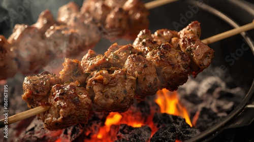 Grilled meat skewers over open flame