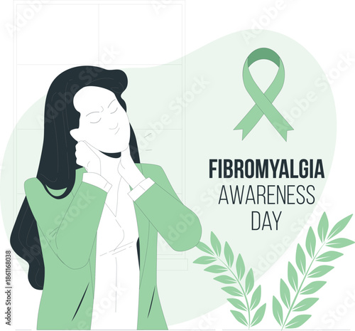 A woman experiencing neck pain on Fibromyalgia Awareness Day surrounded by green leaves