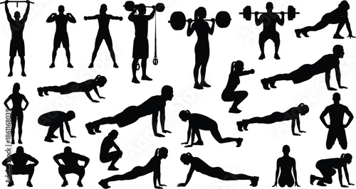   
Silhouettes of men and women performing diverse workout exercises including squats, lunges, push‑ups, planks, stretching, weightlifting, and strength training routines