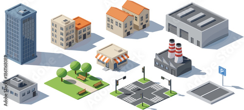 Urban infrastructure icon set, isometric city buildings roads park factory vector bundle, graphic planning simulation design pack
