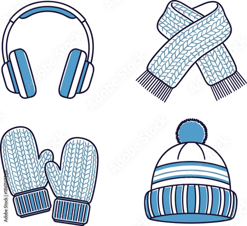 Winter clothing accessory illustration set, earmuffs scarf mittens hat, blue white sketch, cold weather outfit icon grid