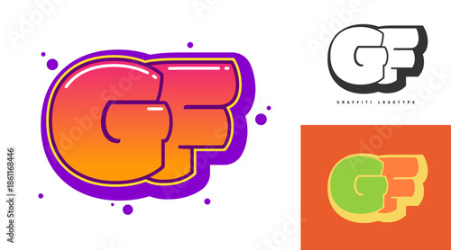 GF logo design for festival or party. Initial letter g and f in graffiti style. Creative modern lettering company name of font typography. Kids trendy logotype or identity.