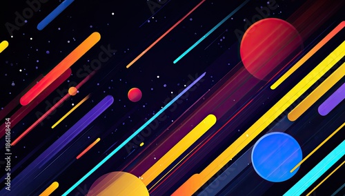 A vibrant abstract design featuring streaks, planets, and stars against a dark background