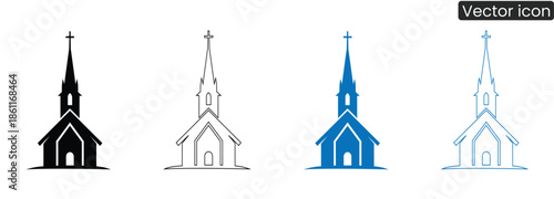 Set of church building icons in various colors and line styles for design and branding use