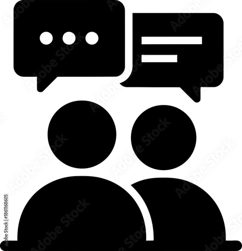 Two person silhouette with speech bubble above for communication, discussion, and message concept. Flat black solid icon vector illustration