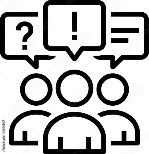 Group of people with speech bubble question, exclamation, and chat icon. Community talk, forum, conversation concept. Vector outline icon