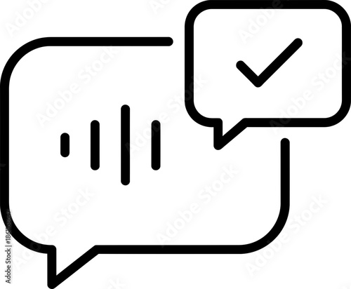 Voice message with check mark vector icon, sound signal from audio record in speech bubble, concept for voice chat app interface