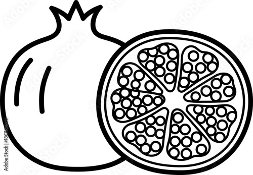 Outline pomegranate fruit whole and cut icon. Healthy eating symbol. Vector illustration for food packaging, grocery store logo