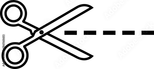 Scissor icon with cut line showing action, for office, craft, school. Simple dashed outline symbol for instruction. Vector illustration
