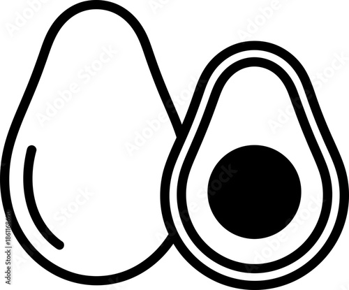 Minimalist black outline icon of whole and sliced avocado with seed, healthy food concept. Vector illustration for diet, nutrition, cooking