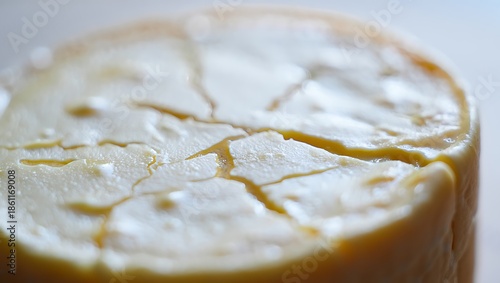 Close up of a round creamy cheese wheel with a textured surface