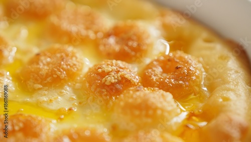 Close up of golden bubbly mac and cheese with a crispy baked topping