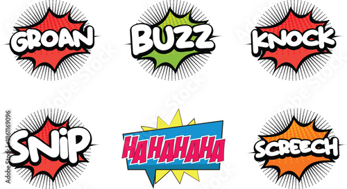 Comic Sound Effect Text Bubbles Groan Buzz Knock Snip Hahaha Screech Vector Set