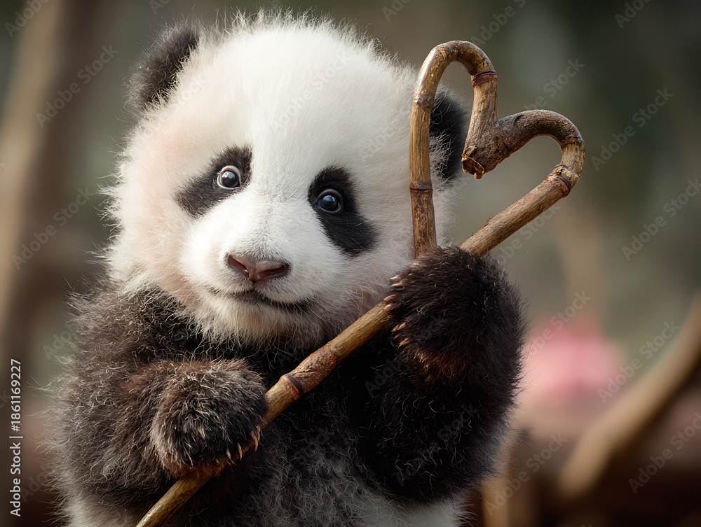 Fototapeta premium Curious panda cub with bamboo