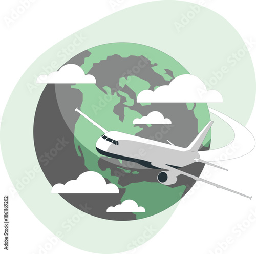 Airplane flying around the Earth with clouds in the atmosphere viewed from space