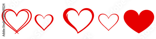 Set of heart icons in mixed styles, including hand-drawn outline hearts and solid red hearts. Romantic love symbols isolated on white, suitable for Valentine’s Day, wedding designs, cards.