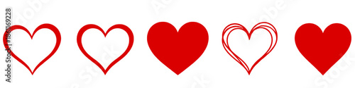 Set of red heart icons featuring simple outline, hand-drawn sketch, and solid filled designs. Clean romantic love symbols isolated on a white background, suitable for Valentine’s Day, weddings, logo.
