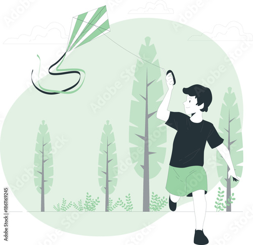 A boy flying a kite in a serene forest glade with tall trees surrounding him.