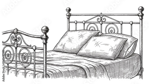 Vintage Metal Bed Frame with Pillows.