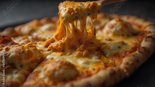 A close up shot of a delicious pizza with melting cheese being pulled upwards