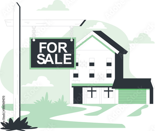 A house for sale sign stands in front of a modern suburban home with a garage and lawn