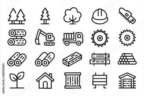 Timber and Lumber Line Icons for Industrial Forestry Operations