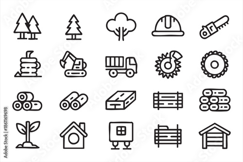 Logging Equipment and Timber Icons for Industrial Manufacturing
