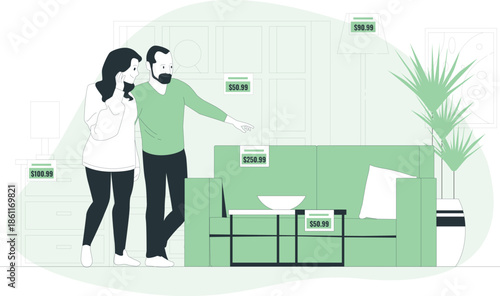 Couple discussing kitchen interior design together standing near a digital illustration of a modern kitchen