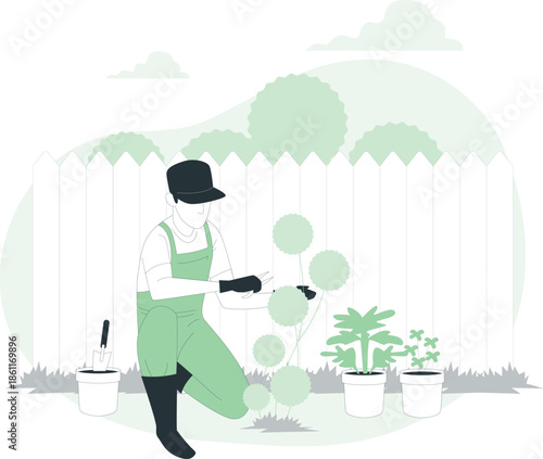 Gardener watering plants in a serene garden environment from a side viewpoint