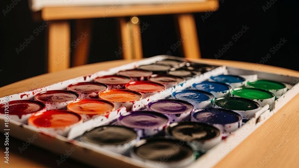 Fototapeta premium Vibrant Watercolor Paint Palette Ready for Artistic Creation