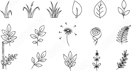  Hand Drawn Leaves, Grass Flowers and Botanical Vector Icons