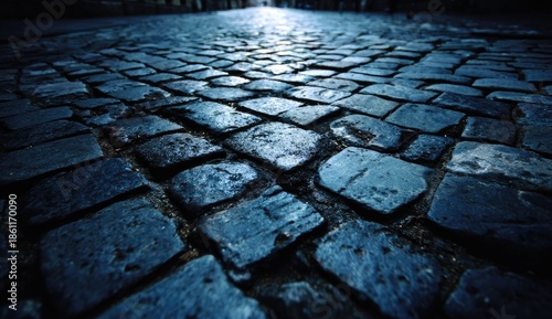 Low-angle view of old, uneven cobblestone pathway leading towards a bright light