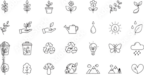 Hand Drawn Botanical Leaf Branches and Eco-Friendly Nature Line Icons Set