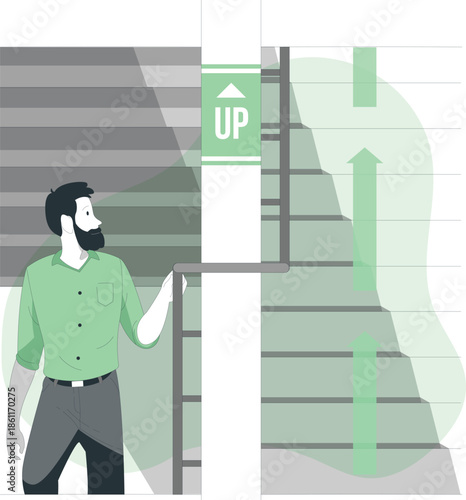 Man with beard ascending staircase in modern architecture