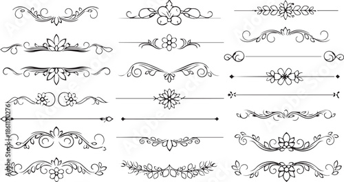 Large collection of vintage calligraphic dividers and floral ornament design elements for luxury wedding invitations and decorative page borders